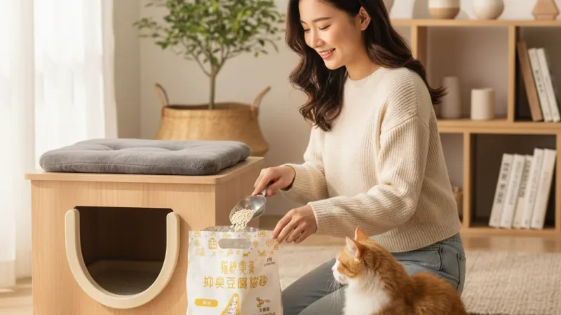 貓砂奧義 光觸媒除臭豆腐貓砂 超強除臭 6L 2.3kg 吸水大容量 混合砂 豆腐砂 貓沙 幾近無塵 低粉塵 可沖馬桶 實際使用情境照 — 豆腐砂推薦