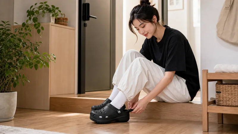 Crocs 卡駱馳 (女鞋) 厚底經典雲朵克駱格-黑色-206750-001_洞洞鞋 實際使用情境照 — Crocs 洞洞鞋推薦