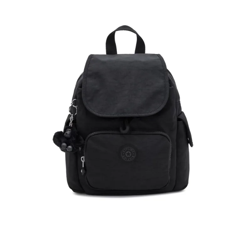 Kipling『猴子包』曜岩黑品牌經典圓標拉鍊掀蓋後背包-CITY PACK MINI