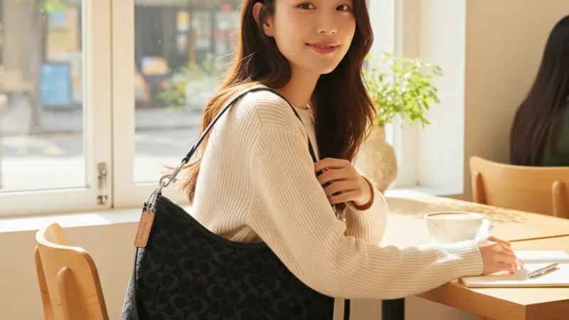 【COACH】LAUREL 經典SIGNATURE丹寧布單肩手袋-SV/黑色(CDE44)｜官方直營 實際使用情境照 — COACH單肩包推薦