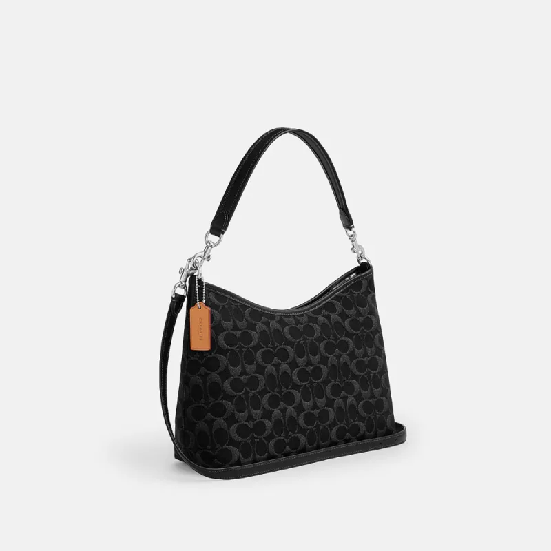 【COACH】LAUREL 經典SIGNATURE丹寧布單肩手袋-SV/黑色(CDE44)|官方直營 商品圖片