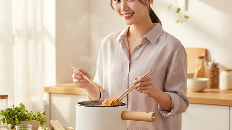 免費收送｜魔力家 ｜福利品-M17多功能美食料理不沾快煮電子鍋-木紋款/煮飯/電鍋/蒸煮鍋(BY011017) 實際使用情境照 — 電子鍋推薦