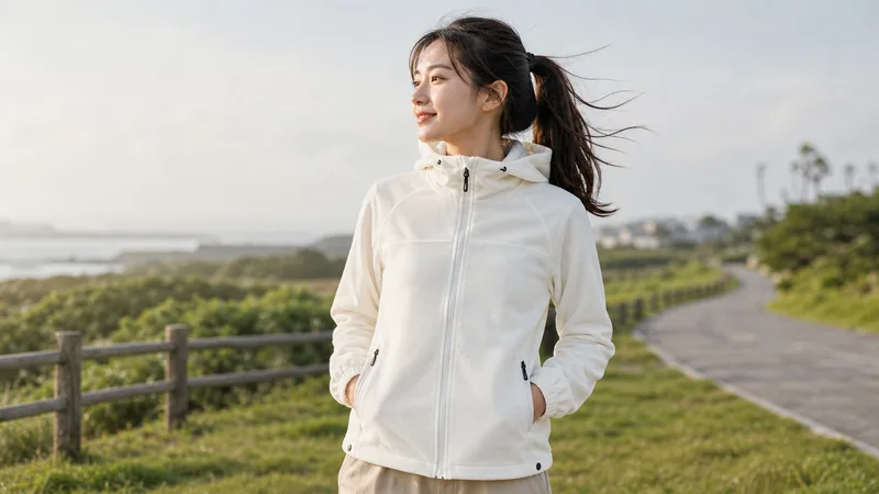 The North Face北面女款米白色WINDWALL防風可收納連帽外套｜8FJ4QLI 實際使用情境照 — The North Face 外套推薦